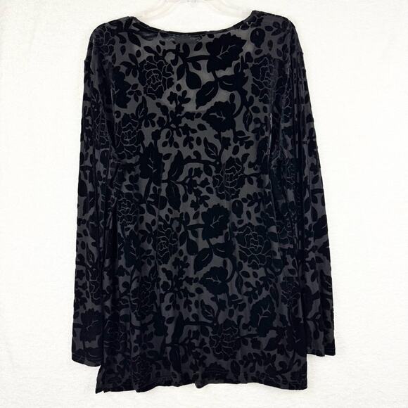 Velvet Burnout Black Long Line Tunic Whimsigoth Witchy Dark Floral Scoop Neck - Picture 10 of 12